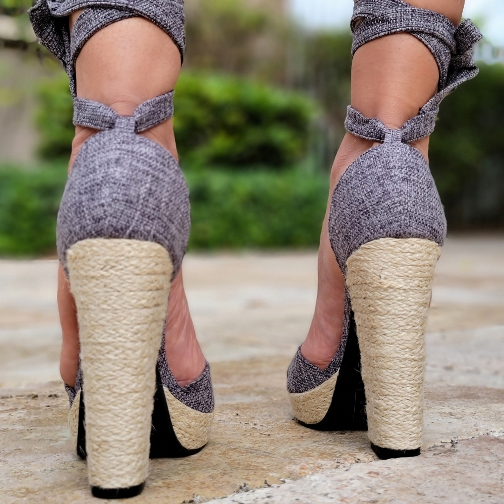 Women's Gray Wrap Around Chunky Block High Heel Sandal - Picture 6 of 6